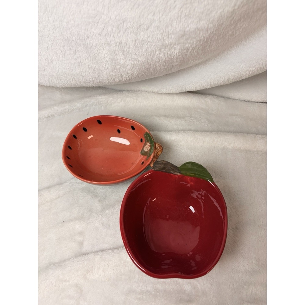 Vintage 80s 5" Mini Ceramic Fruit Bowl Set Red Apple & Watermelon Kitsch Country